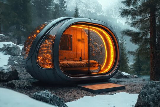 hightech camping pod holographic campfire antigravity hammocks alien mountain range bioluminescent flora
