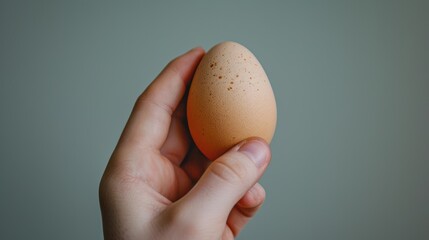 Hand holding a fresh brown speckled egg against a neutral background