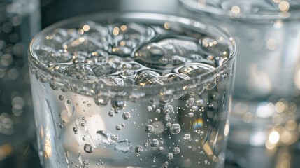 Closeup of sparkling carbonated water in glass  refreshing beverage with bubbles