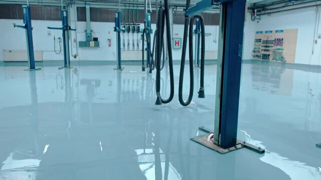 Epoxy floor  transformation of a floor through the application of epoxy, reflecting light beautifully in an empty industrial space