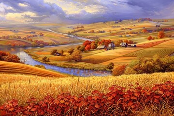 Serene autumn countryside landscape painting