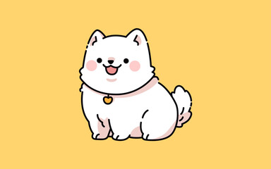 Cute white dog with a pink nose, yellow background and a heart on the collar. Perfect for social media or pet themed designs.