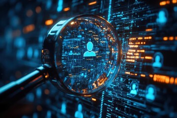 human resource management concept magnifying glass highlighting manager icon amidst diverse employee icons futuristic hud interface corporate background
