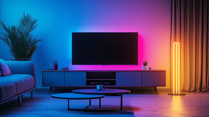 TV mockup backlighting color, Modern designed furniture in livingroom with led backlight