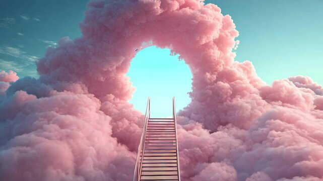 A pink cloud with a staircase in the middle of it. The staircase is white and is surrounded by pink clouds. The image has a dreamy and whimsical mood