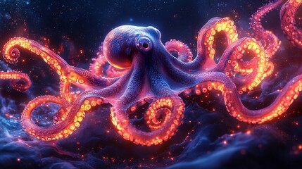 Semiabstract octopus with tentacles forming vibrant neon spirals symbolizing intelligence adaptability and mystery