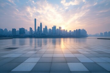 Empty square floors and city skyline with modern buildings in Chongqing at sunrise with generative ai