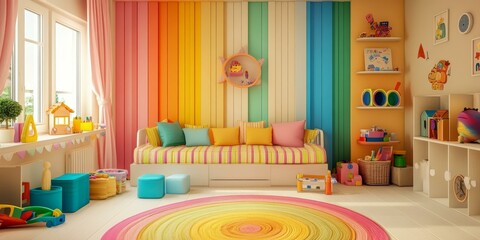 Fototapeta premium Rainbow-themed playroom with colorful furniture and toys.