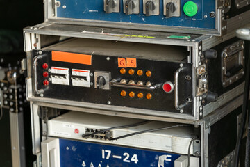 Industrial stage light and sound control equipment on the backstage of a concert, essential for managing audio and visual effects during performances