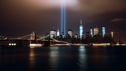 Obraz premium nighttime view new york city shows beams light remembrance september illuminating sky
