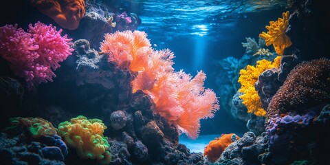 Fototapeta premium Underwater view of a vibrant coral reef with glowing bioluminescent plankton and diverse marine life in clear water