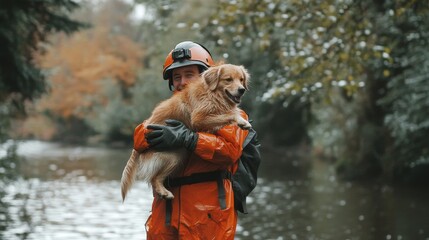 A young man in a raincoat and helmet holding a dog in his arms, representing an animal rescue mission during adverse weather conditions, showcasing bravery, compassion, and care for animals in need