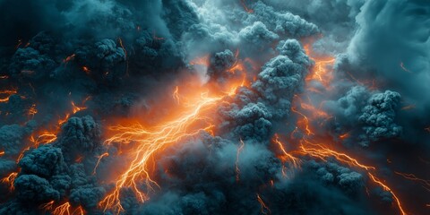 Fototapeta premium A dramatic night scene of volcanic lightning illuminating dark ash clouds, with glowing lava flows showcasing raw energy and power