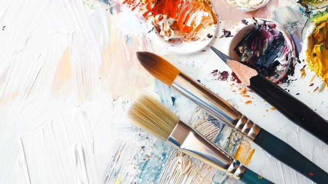 A closeup view of a vibrant and creative workspace featuring a variety of colorful paint brushes an assortment of paint colors on a palette and a messy abstract background
