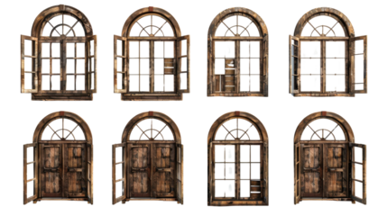 Old vintage wooden brown window frame set on transparent background