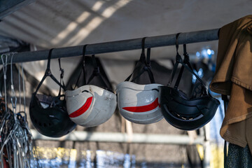 Safety helmets used by concert backstage workers to ensure protection during event setup and technical operations on the stage