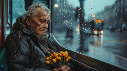 Fototapeta premium An elderly man sits on a rainy bus holding yellow tulips