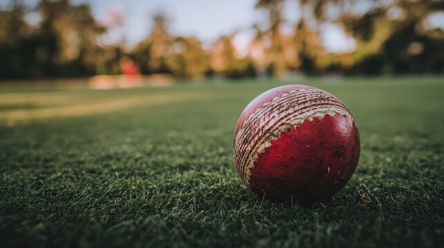 A close-up of a classic red cricket ball resting on the surface of a well-maintained pitch, highlighting traditional sports gear.