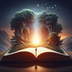 An open book transforms into a magical forest with trees and glowing light, symbolizing the power of imagination and storytelling. A lone figure stands on the pages, journeying into a world of fantasy