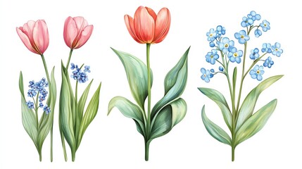 Fototapeta premium A beautiful collection of watercolor flowers featuring tulips and forget-me-nots, perfect for decor or artistic projects.