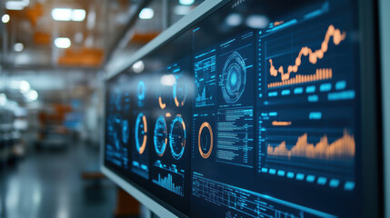 Digital display showing product rejection rates and performance metrics in modern industrial setting. vibrant graphs and data visualizations convey sense of efficiency and precision