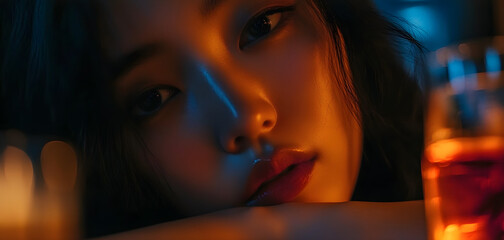 Obraz premium close up of a woman asiatic female model playing alone in a bar cafe club with a glass of whiskey cocktail , sorrow depression alcoholism concept