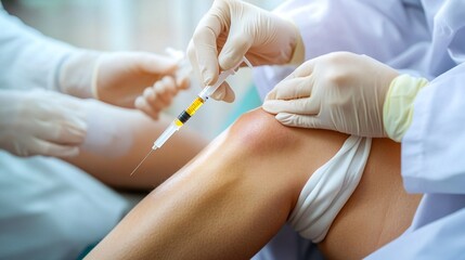 Close up Shot of Healthcare Professional in Medical Uniform Giving Vaccine or Medication Injection with Syringe on Patient s Arm at Hospital or Clinic