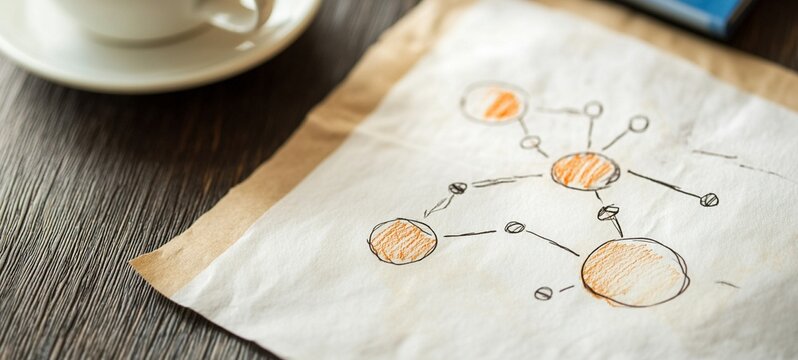 Connected network diagram or infographic on wooden workspace with coffee cup representing data analysis business strategy team technology innovation