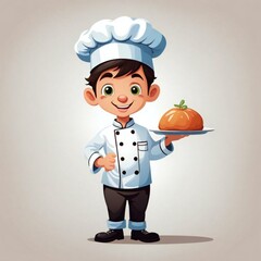 Chef boy cooking vegetables in a pan. Vector illustration of a cartoon character.