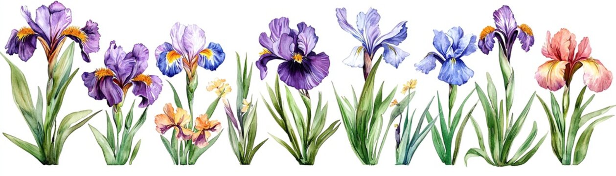 A beautiful watercolor illustration of blooming iris flowers in various colors, showcasing nature's vibrant palette.