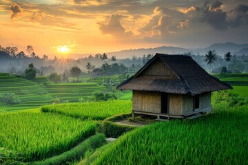Obraz premium A small wooden cottage in the middle of beautiful rice fields in Indonesia, beautiful sunrise 