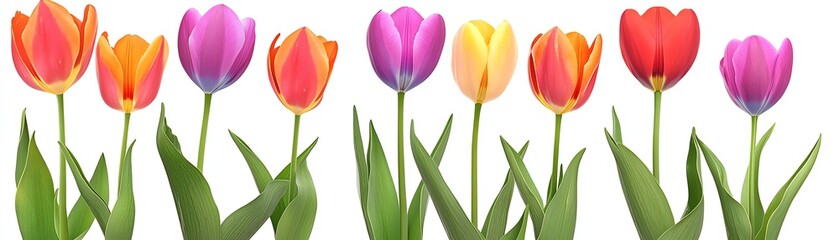 Fototapeta premium A colorful array of blooming tulips in various shades, perfect for spring themes and floral designs.