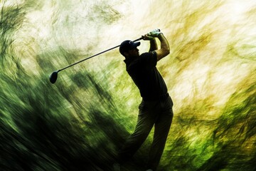 Golfer Silhouette in a Whirlwind of Greens and Yellows