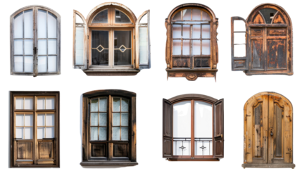 Old vintage wooden brown window frame set on transparent background