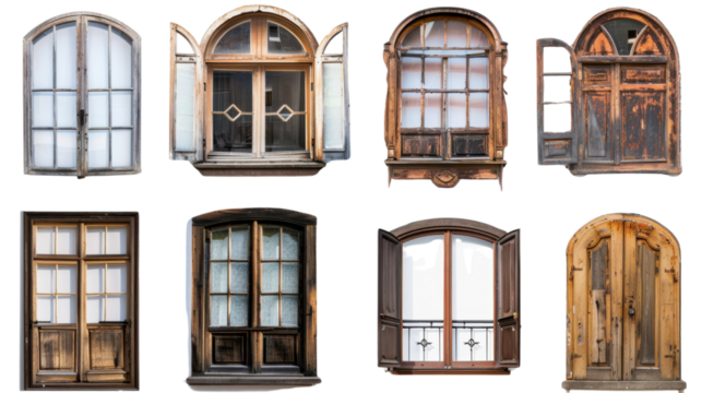 Old vintage wooden brown window frame set on transparent background