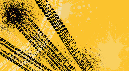 Grunge car tire marks on yellow background with splashes, template for business card with copy space. Vector illustration. © nosyrevy