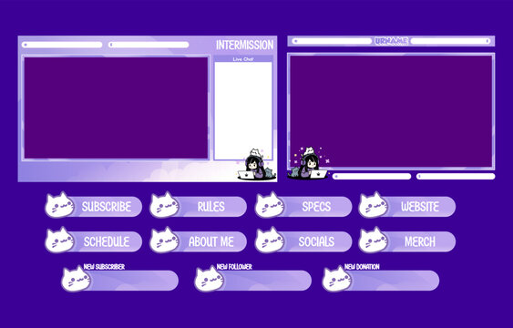 Purple Cat Twitch Stream Overlay Template with Cute Cartoon Animal Design