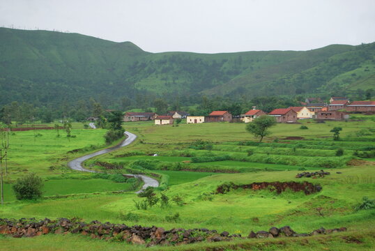 A beautiful village landscape in the monsoon season near Bhor village, Maharashtra, India