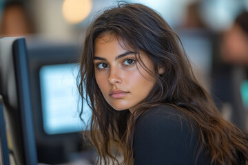 A beautiful brunette woman with long hair sits at her desk in front of a computer, looking directly into the camera with a serious expression. 
