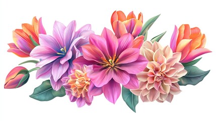 Fototapeta premium A vibrant bouquet of assorted flowers in pink, purple, and orange hues, perfect for adding beauty to any design project.