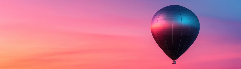 Naklejka premium A stunning hot air balloon floats against a vibrant sunset sky, showcasing colorful hues of pink and orange. Perfect for travel themes.