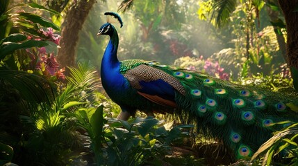 Obraz premium A peacock walking through a tropical garden, tail feathers dragging softly over the lush greenery below.