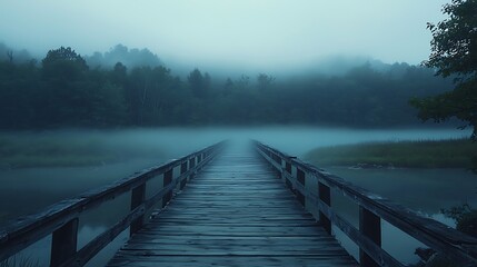 A wooden bridge cuts through a foggy forest path, guiding the way through the mist.