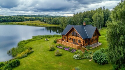 A beautiful log cabin surrounded by green grass, flowers, and trees on the edge of an area with a lake in Russia. The aerial view captures the entire 