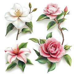 A vibrant collection of hand-drawn flowers featuring a white bloom and pink roses, perfect for botanical art projects.