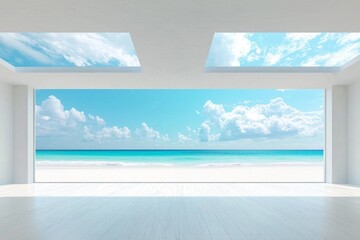A surreal modern empty room with clear water on the ceiling,  white beach view 
