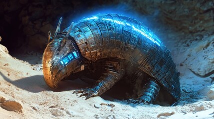 Fototapeta premium A cybernetic armadillo digs through the digital sands, unearthing an ancient relic of technology, its protective shield reflecting a futuristic glow.