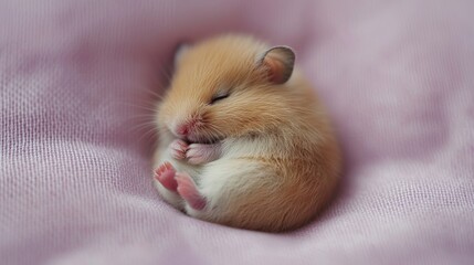 A dwarf hamster curled up in a ball on a light purple surface, its tiny paws visible