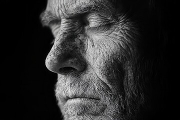 intense monochrome portrait of a man eyes closed in deep contemplation high contrast emphasizes every line and texture of his weathered face