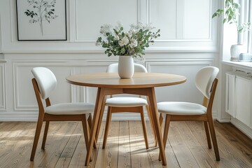 Fototapeta premium A cozy dining area featuring a round table and floral arrangement.